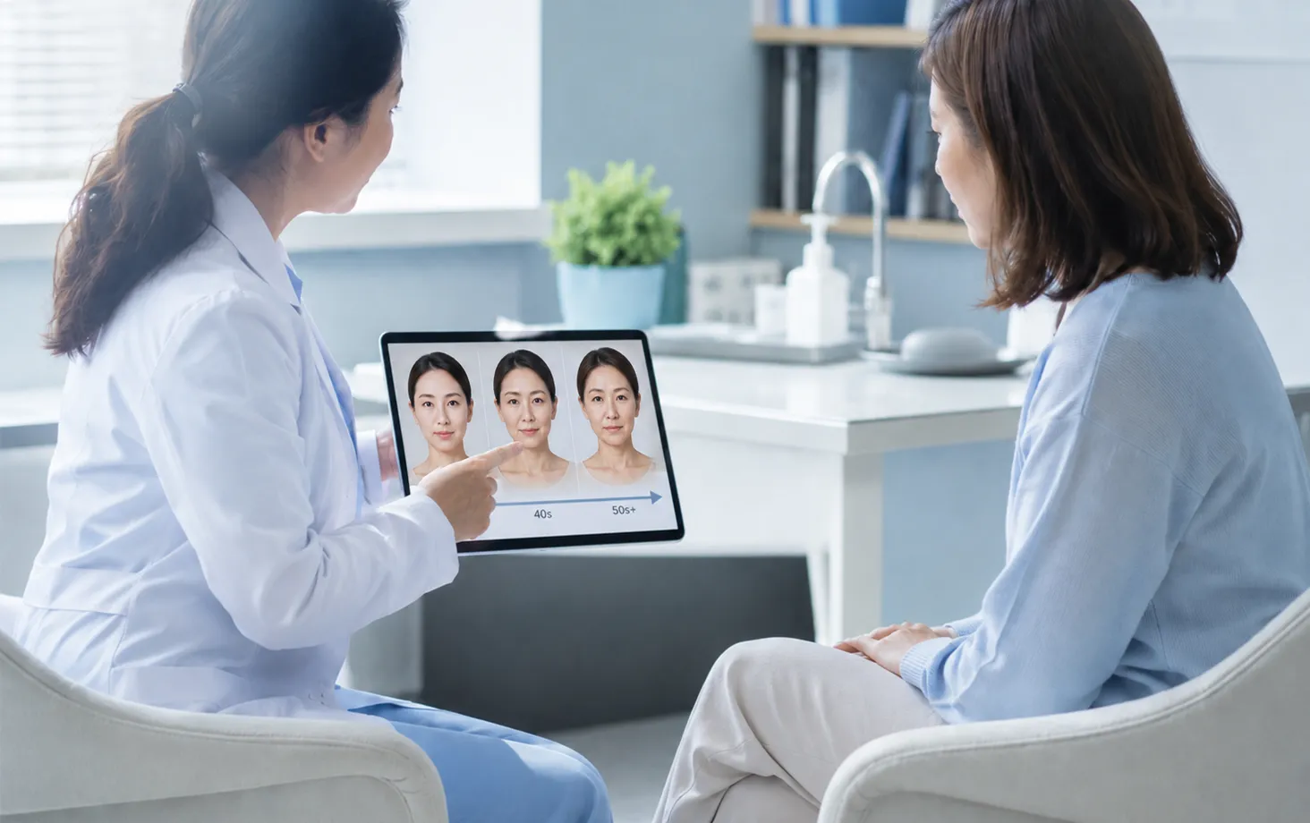 医師と患者が加齢による顔の変化について相談している様子