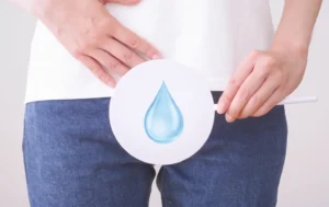 下腹部を押さえ水滴のマークを持った女性。尿もれのイメージ