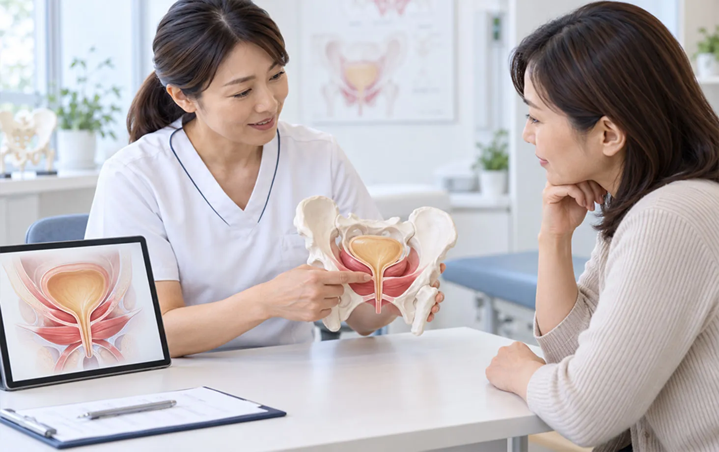 女性の骨盤模型を見せて説明するスタッフ