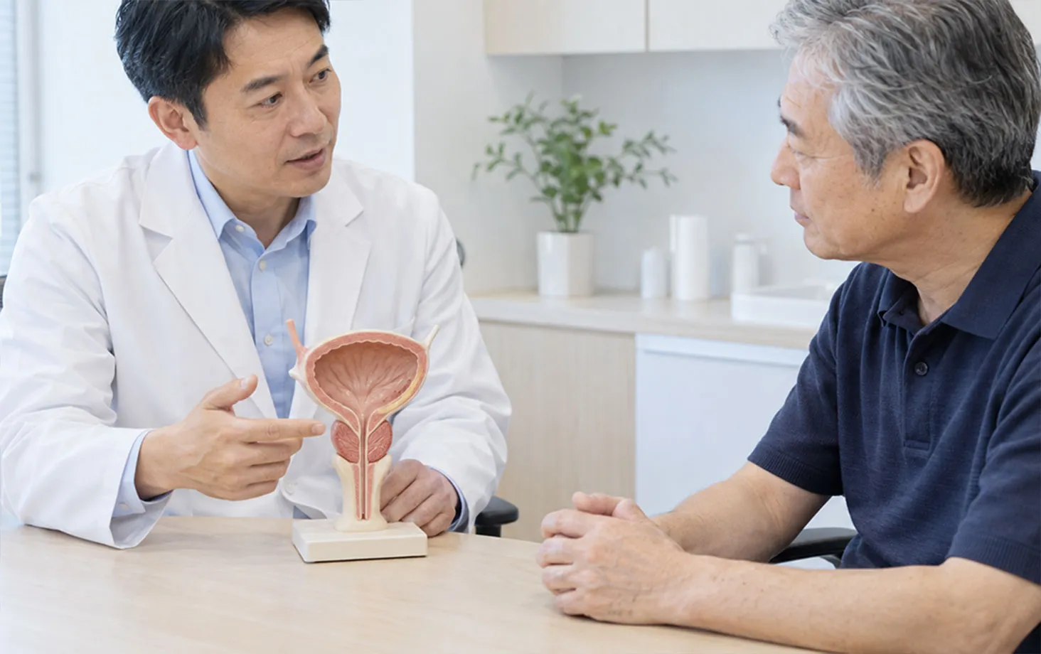 男性の膀胱と尿道の模型を説明する医師