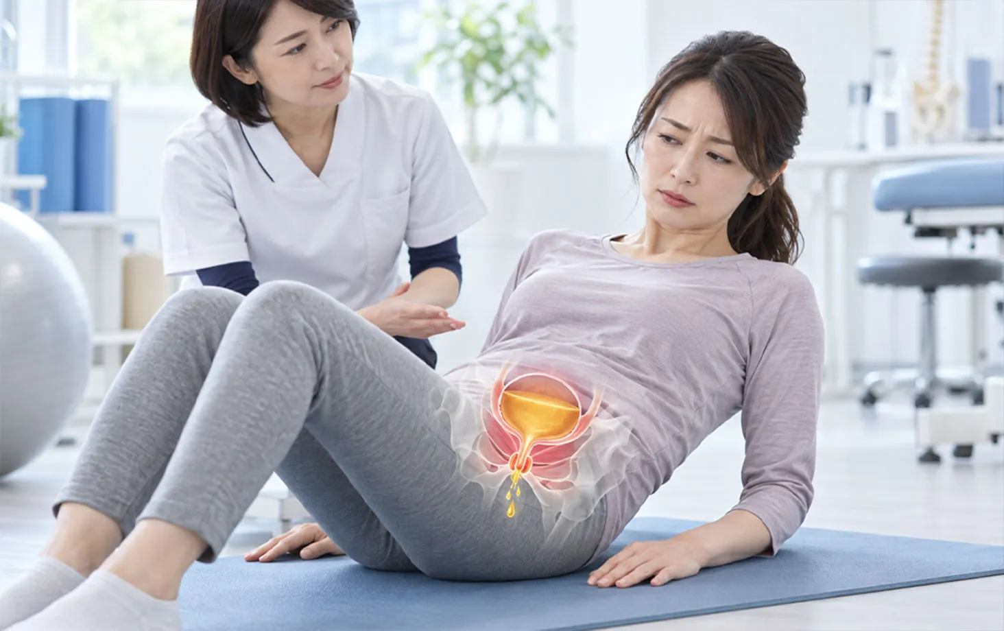 骨盤底のトレーニング中に尿が漏れる図