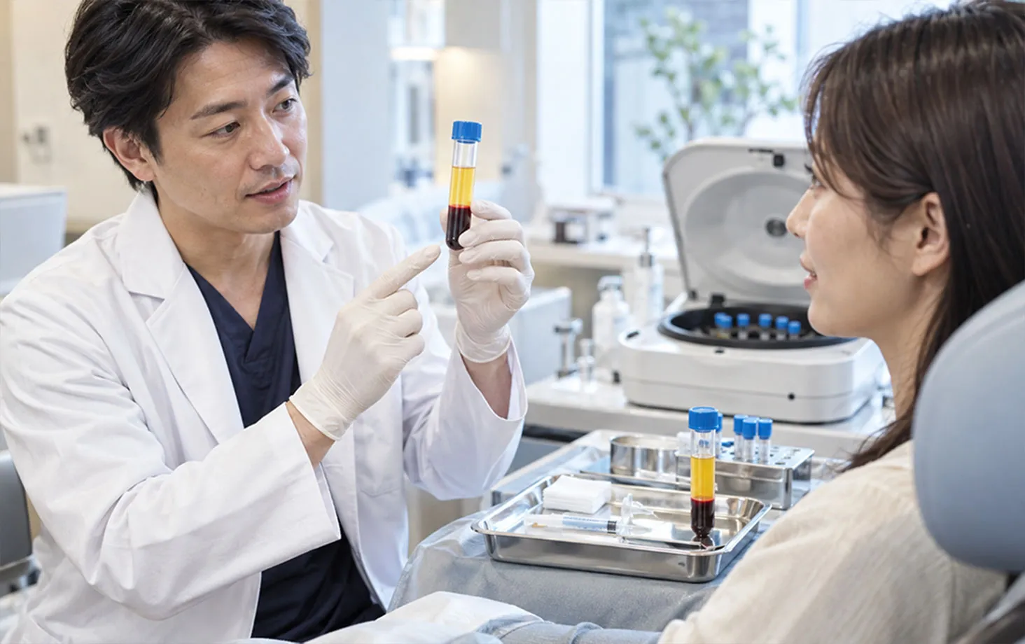 分離した血液の入った試験管を示す医師