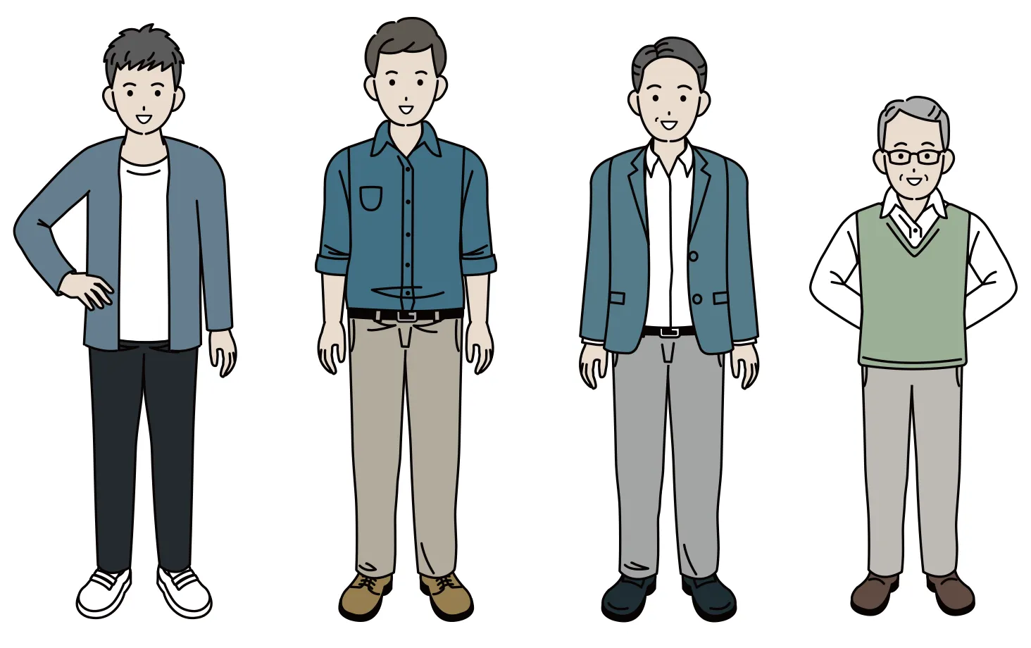 若い世代から高齢まで並ぶ男性のイラスト