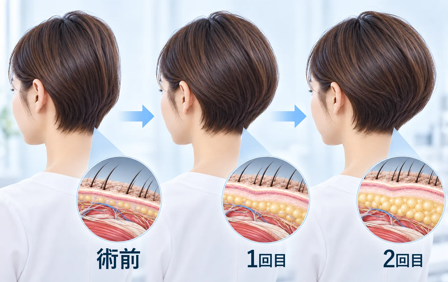 術前、1回目、2回目で後頭部の厚みが増す比較