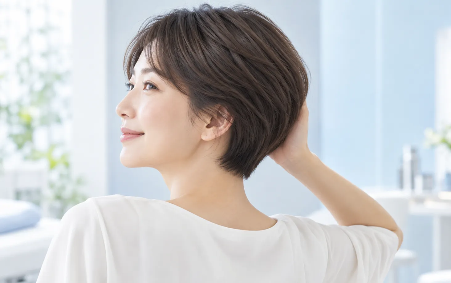 ショートヘアの女性が後頭部に手を当てる様子