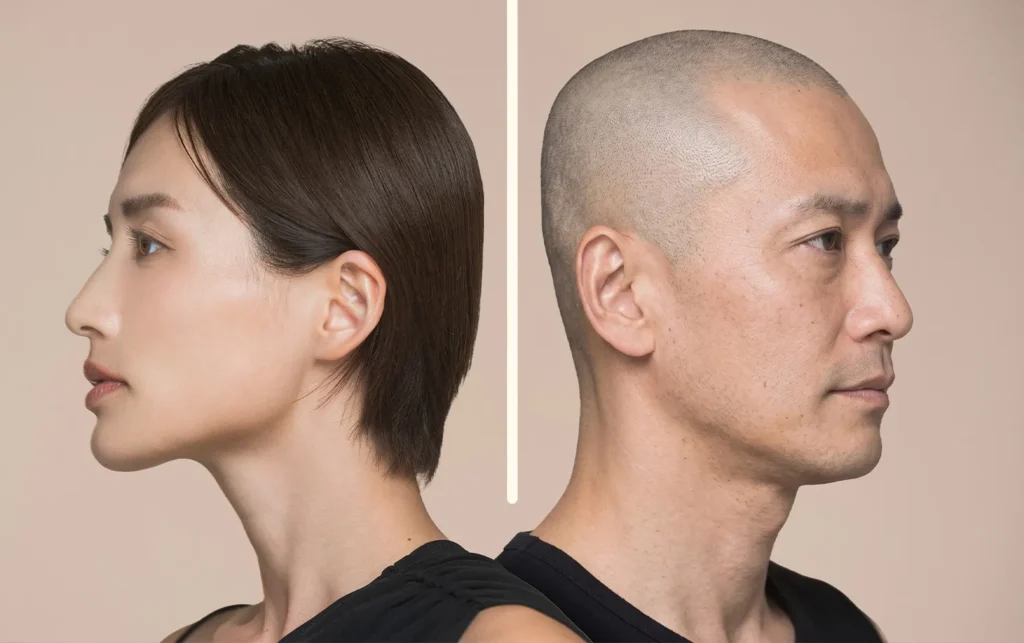 女性と男性の横顔。後頭部の輪郭