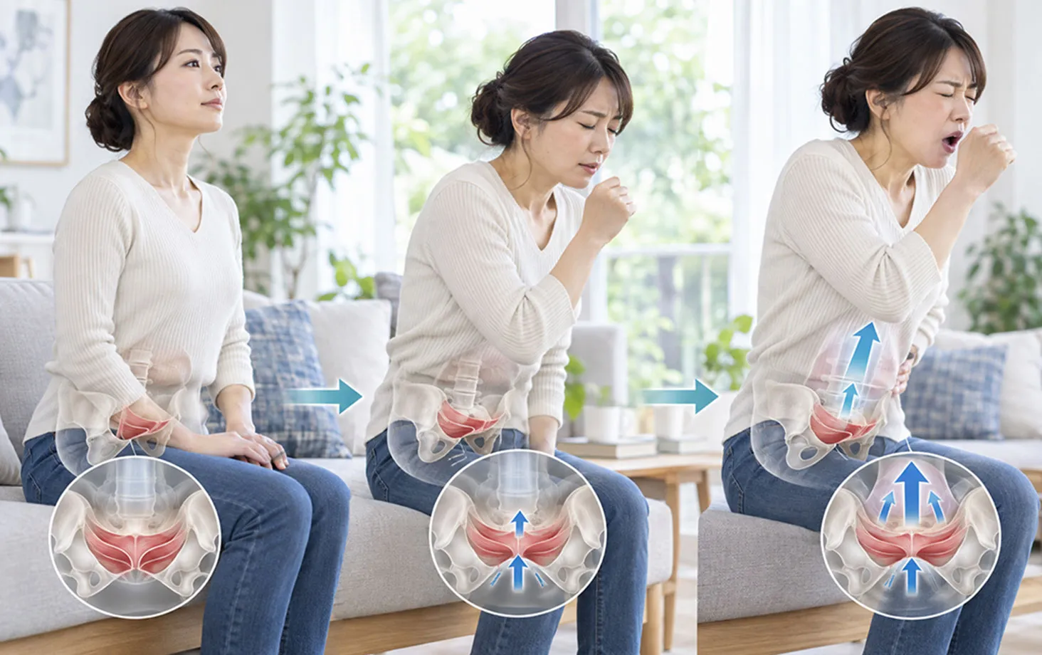 咳の前後で骨盤底筋が締まる様子を示した図