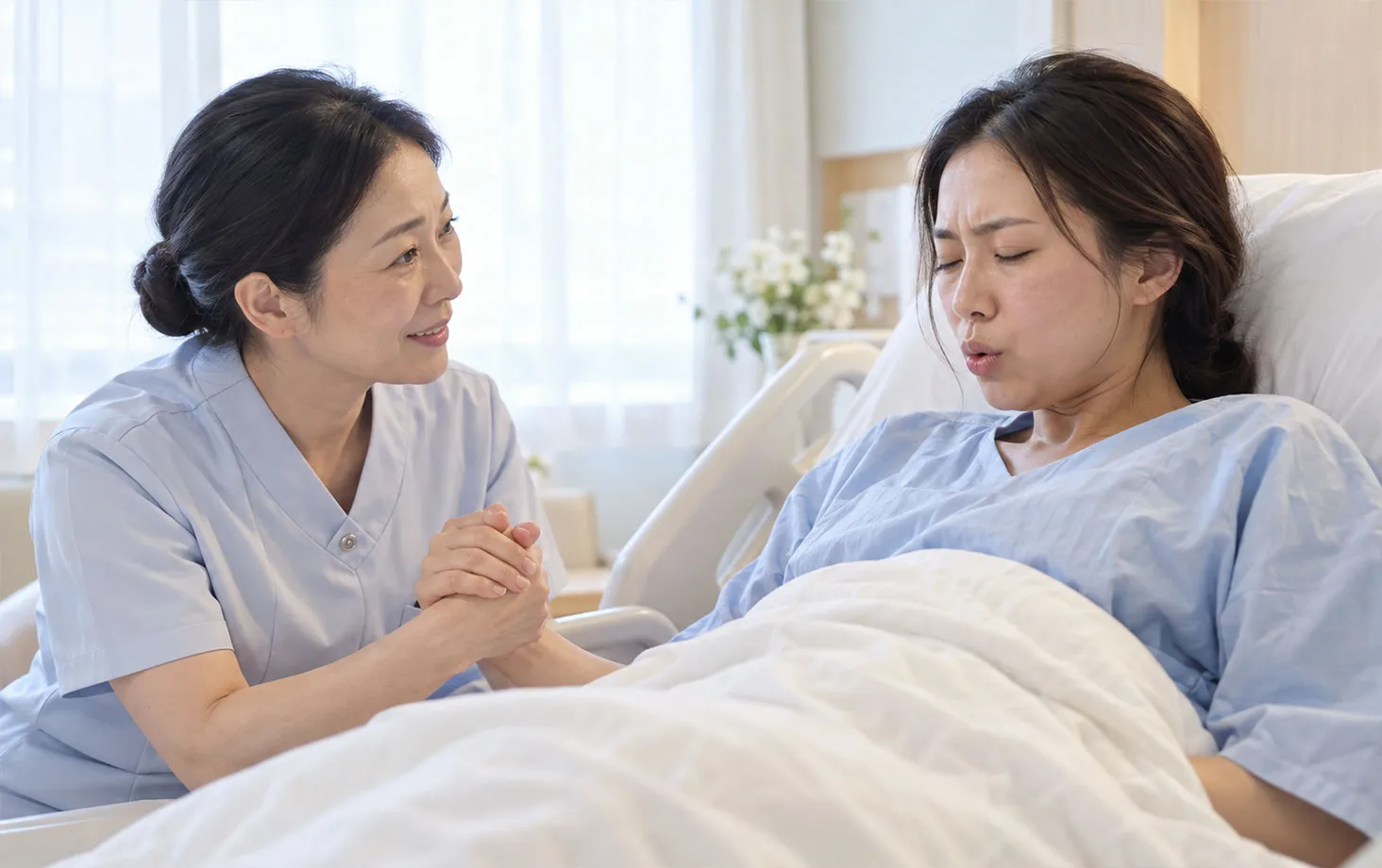 ベッドで息を吐く女性と寄り添うスタッフ