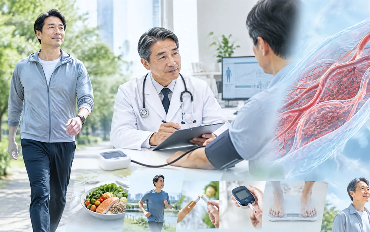 ウォーキングや食事、禁煙、体重測定など生活習慣と、医師の診察を組み合わせた写真