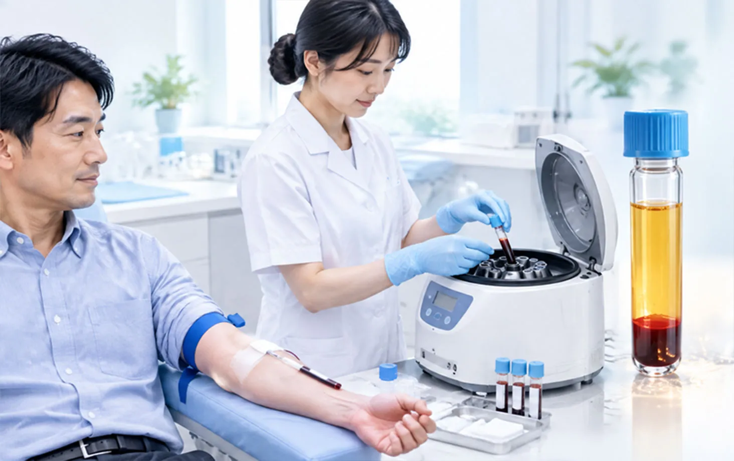 採血を受ける男性と、遠心分離機で血液を処理する医療者