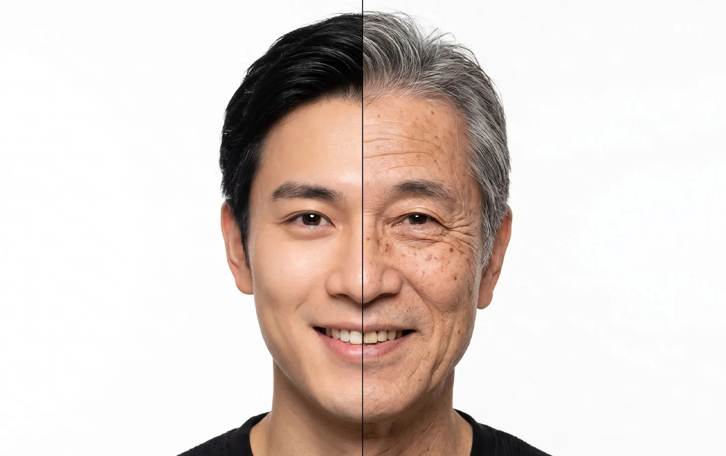 若い男性と高齢の男性の顔を左右に分けて合成した写真