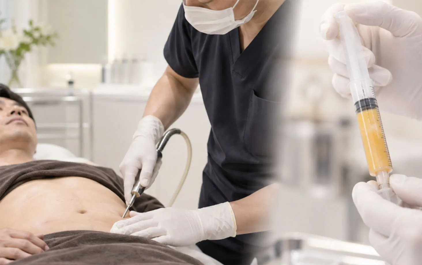 腹部から脂肪を採取する様子と、黄色い液体の注射器