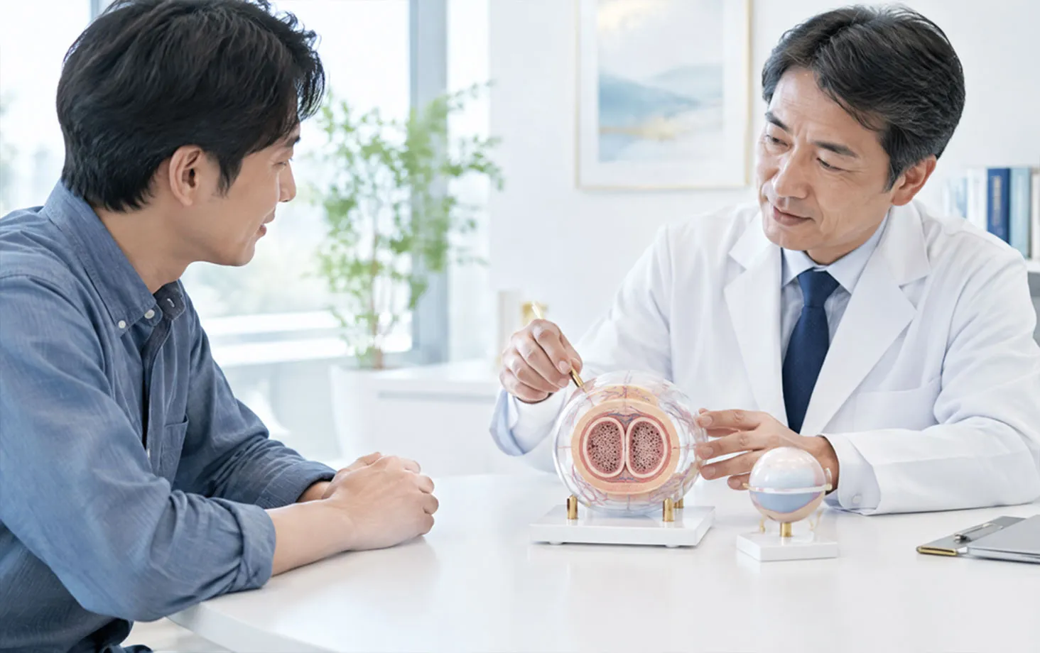 陰茎の断面模型を使って、医師が患者へ説明している