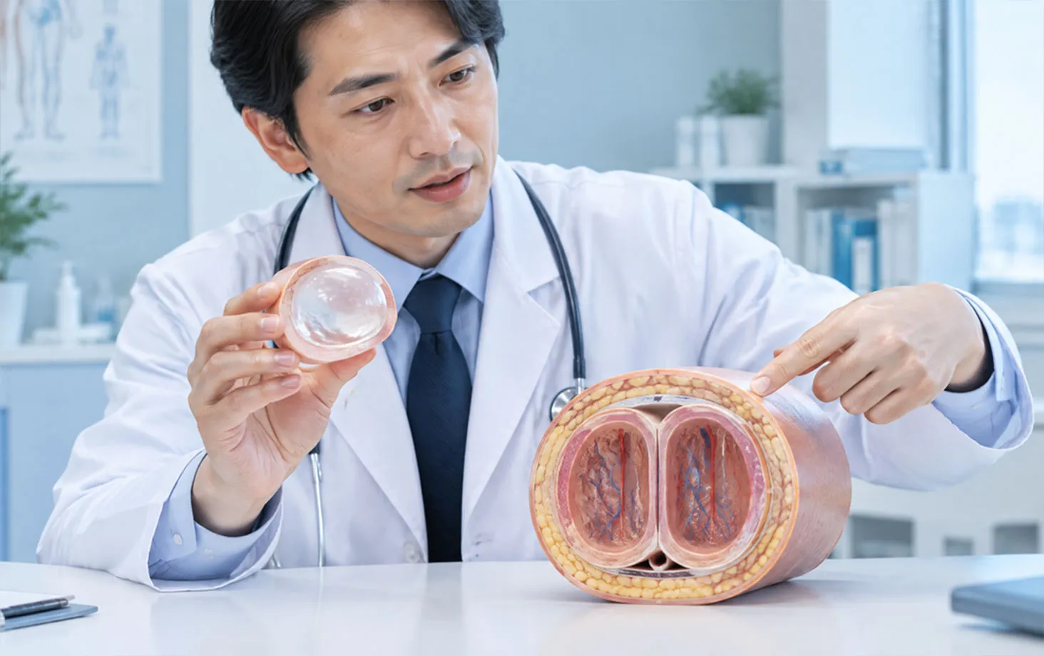 透明なジェルと陰茎の断面模型を示す医師