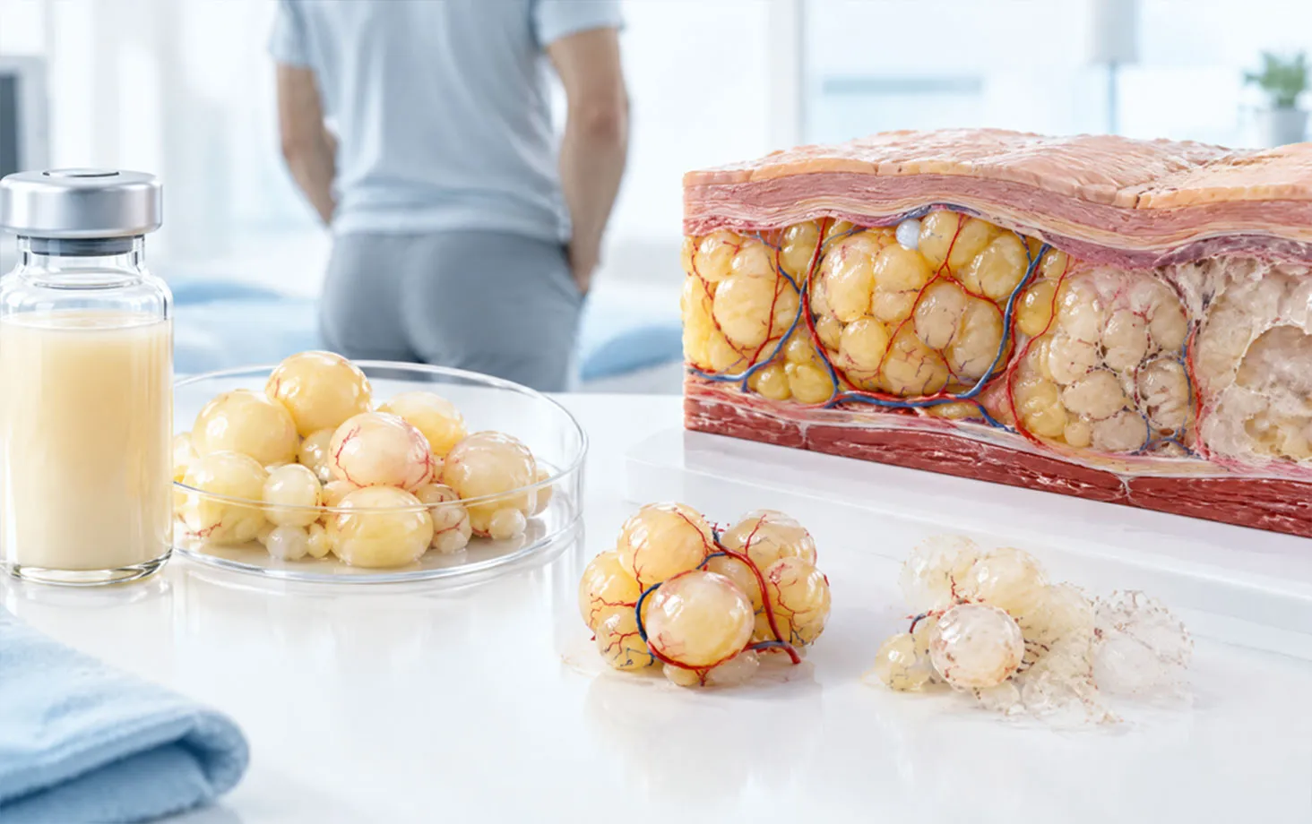 脂肪の粒と皮膚の断面模型。奥に男性の後ろ姿