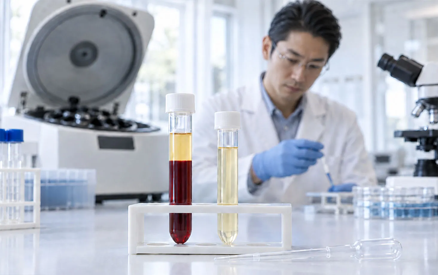 血液とPRPの試験管。奥で作業する研究者