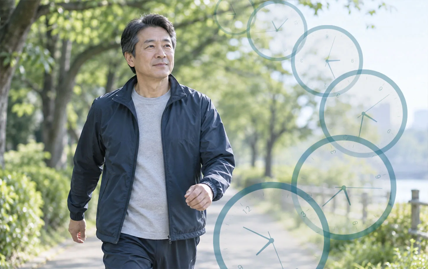 公園を歩く中高年の男性と、時計のイラスト