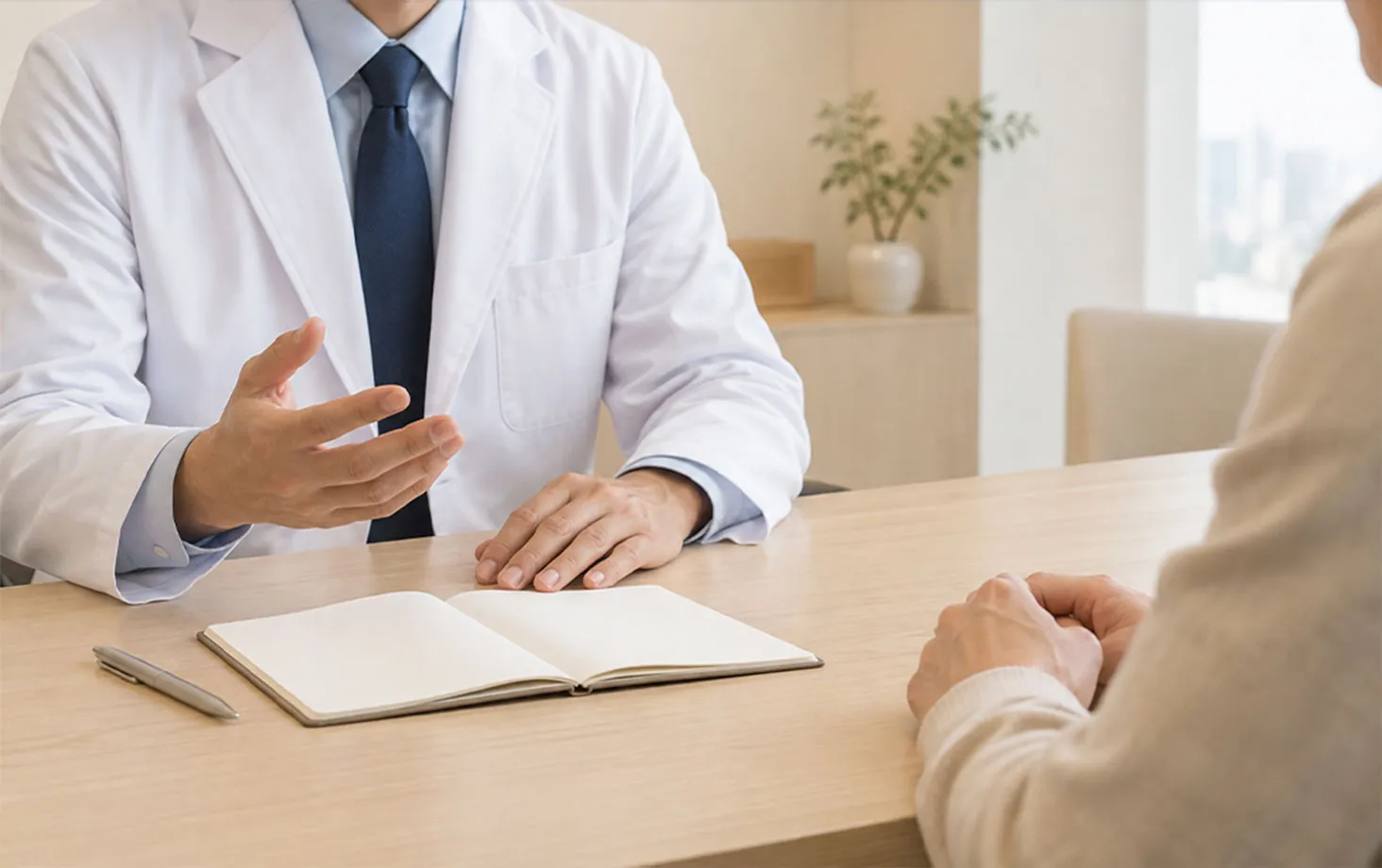 白衣の医師が、対面の患者に説明している診察の様子