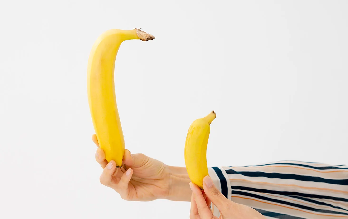 大小2本のバナナを両手に持ち、大きさを比べている