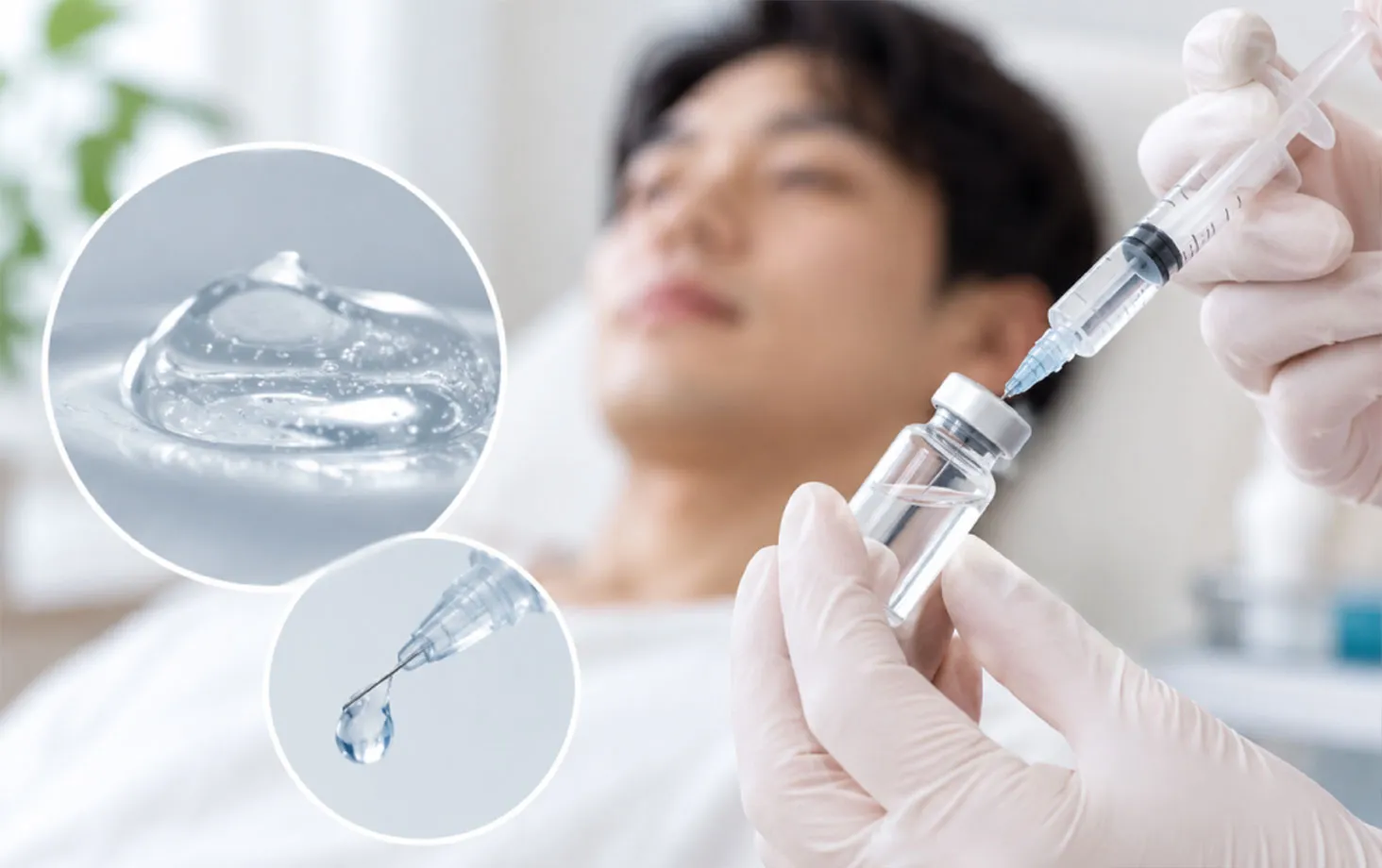 ヒアルロン酸のジェルと、バイアルから薬液を吸う注射器。奥に横たわる男性