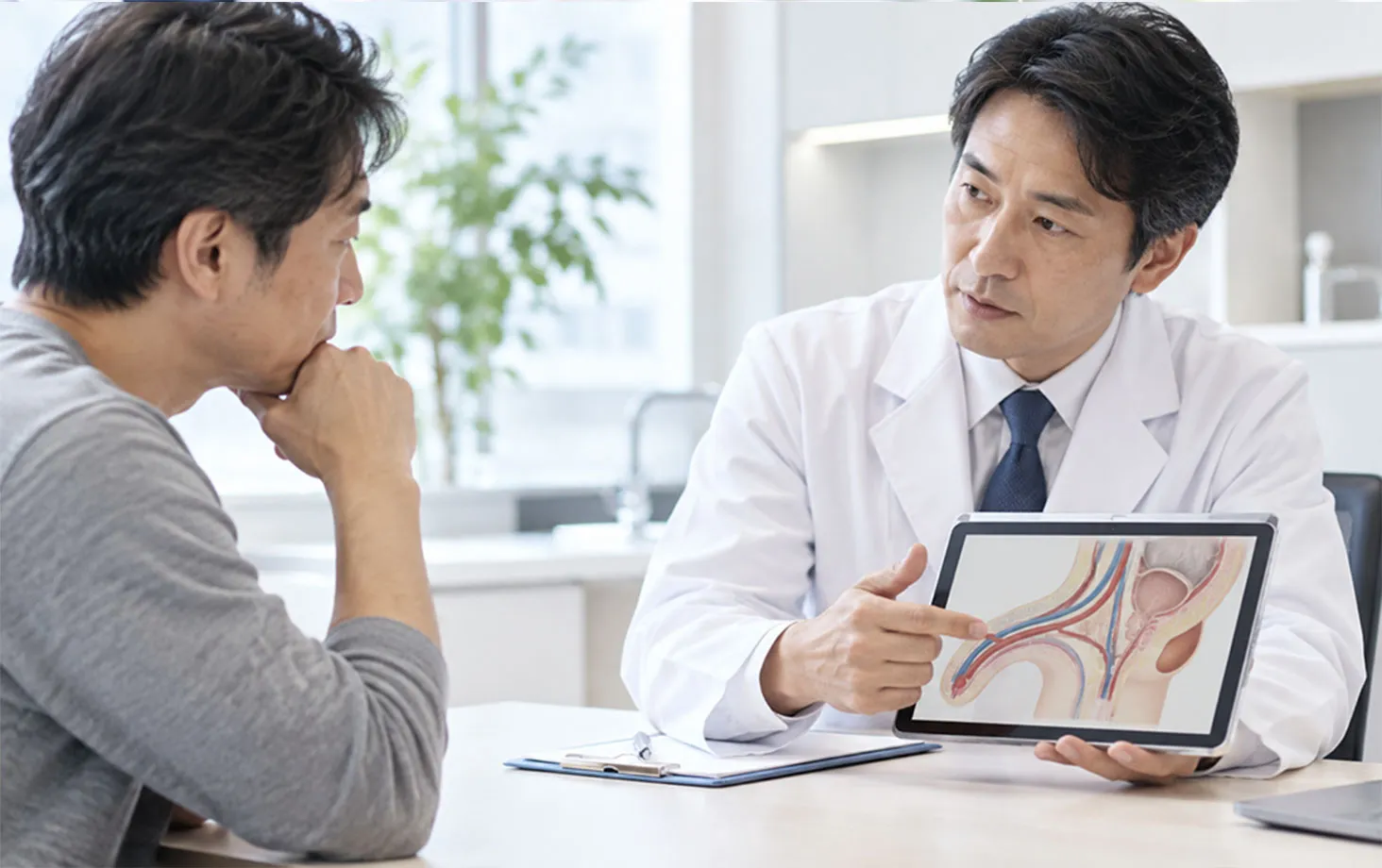 男性器の解剖図をタブレットで示しながら、医師が患者へ説明している