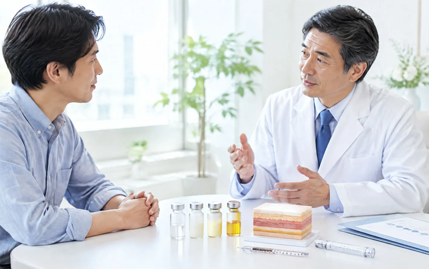 バイアルと皮膚の模型を前に、医師が患者へ説明している