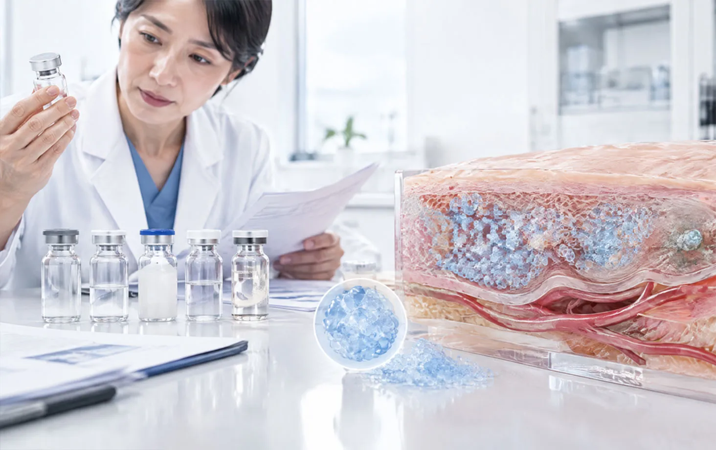 皮膚の断面模型と複数のバイアルを前に、資料を見る医療者