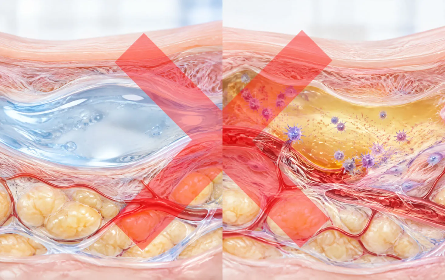 充填剤と感染のイメージに赤いバツ印を重ねた皮膚断面図