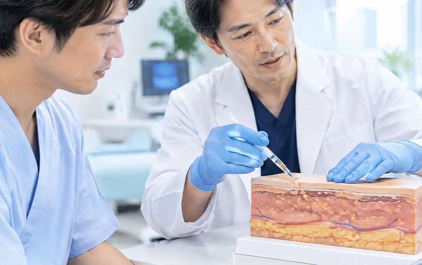 皮膚の断面模型へ注射して見せる医師と、見る医療者