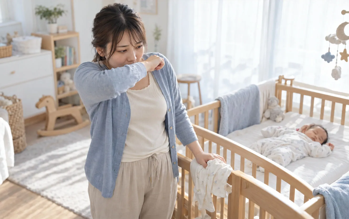 ベビーベッドのそばで咳き込む女性