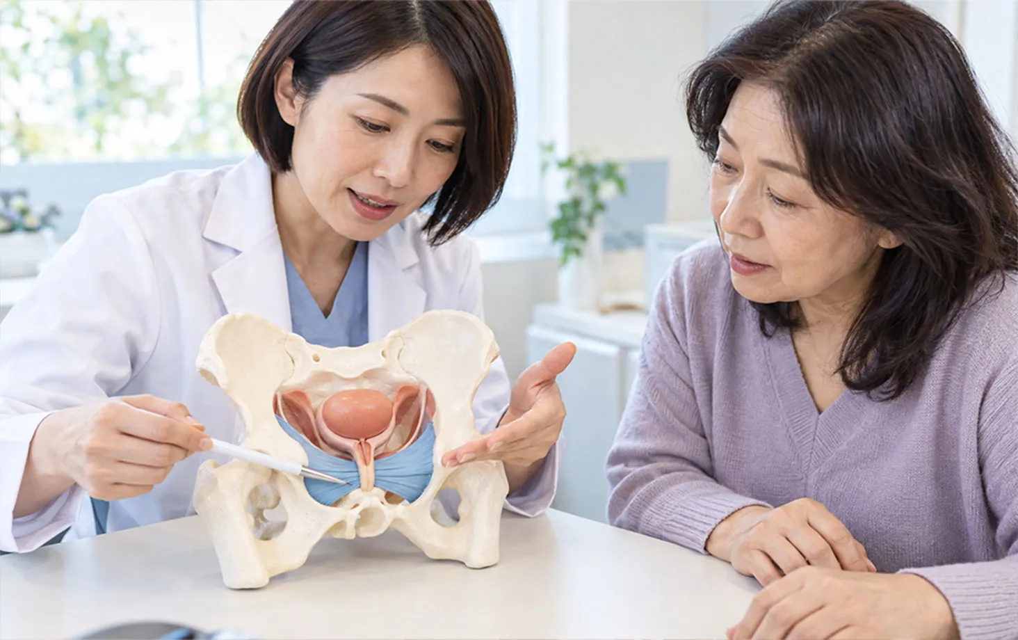 骨盤の模型を使って説明する医師と女性