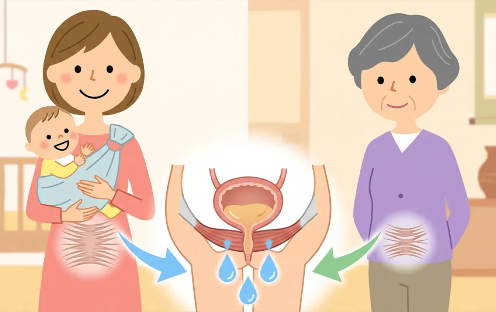 赤ちゃんを抱く女性と高齢の女性、中央に尿が漏れる骨盤の図
