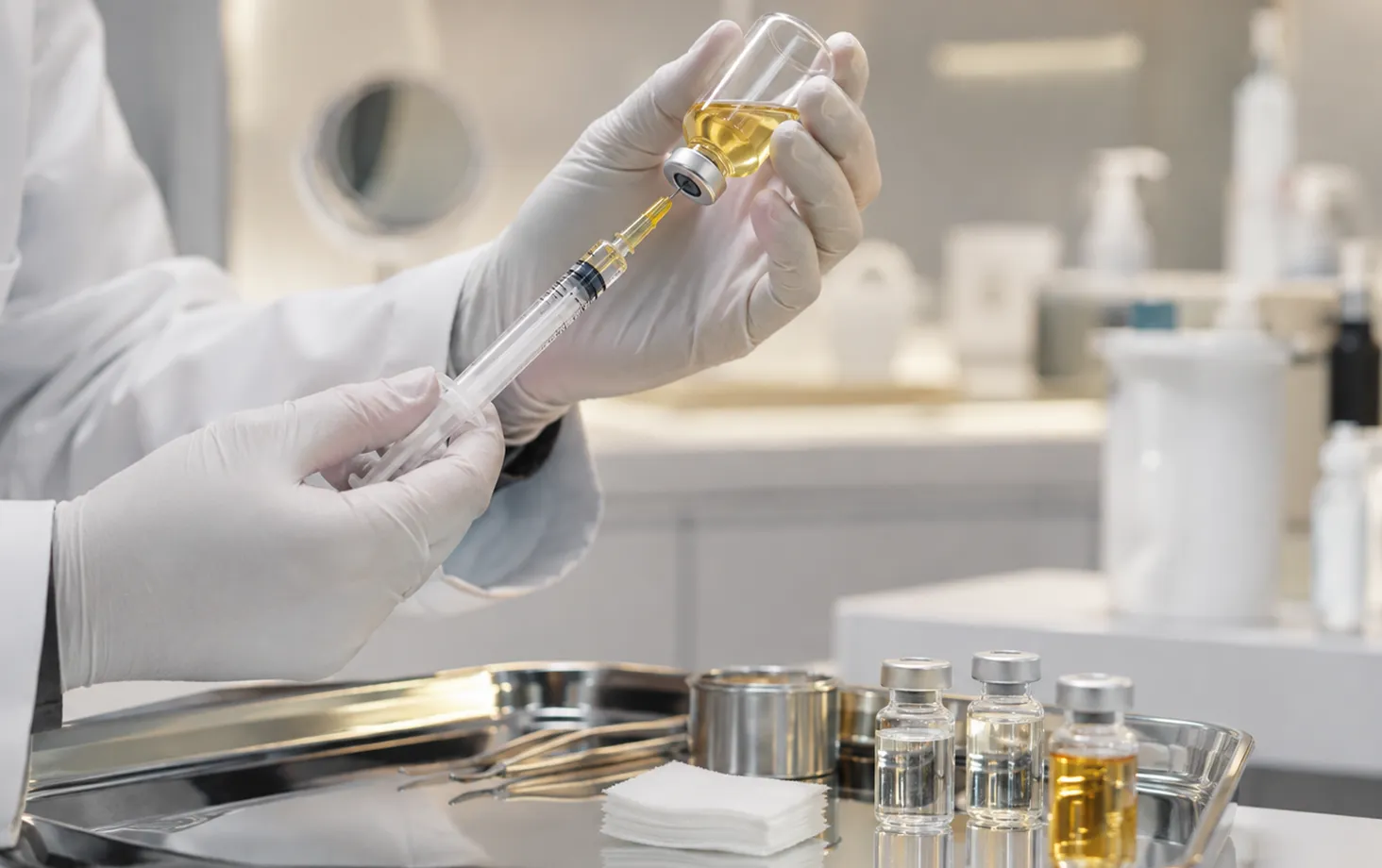 黄色の薬剤を注射器に取る手元