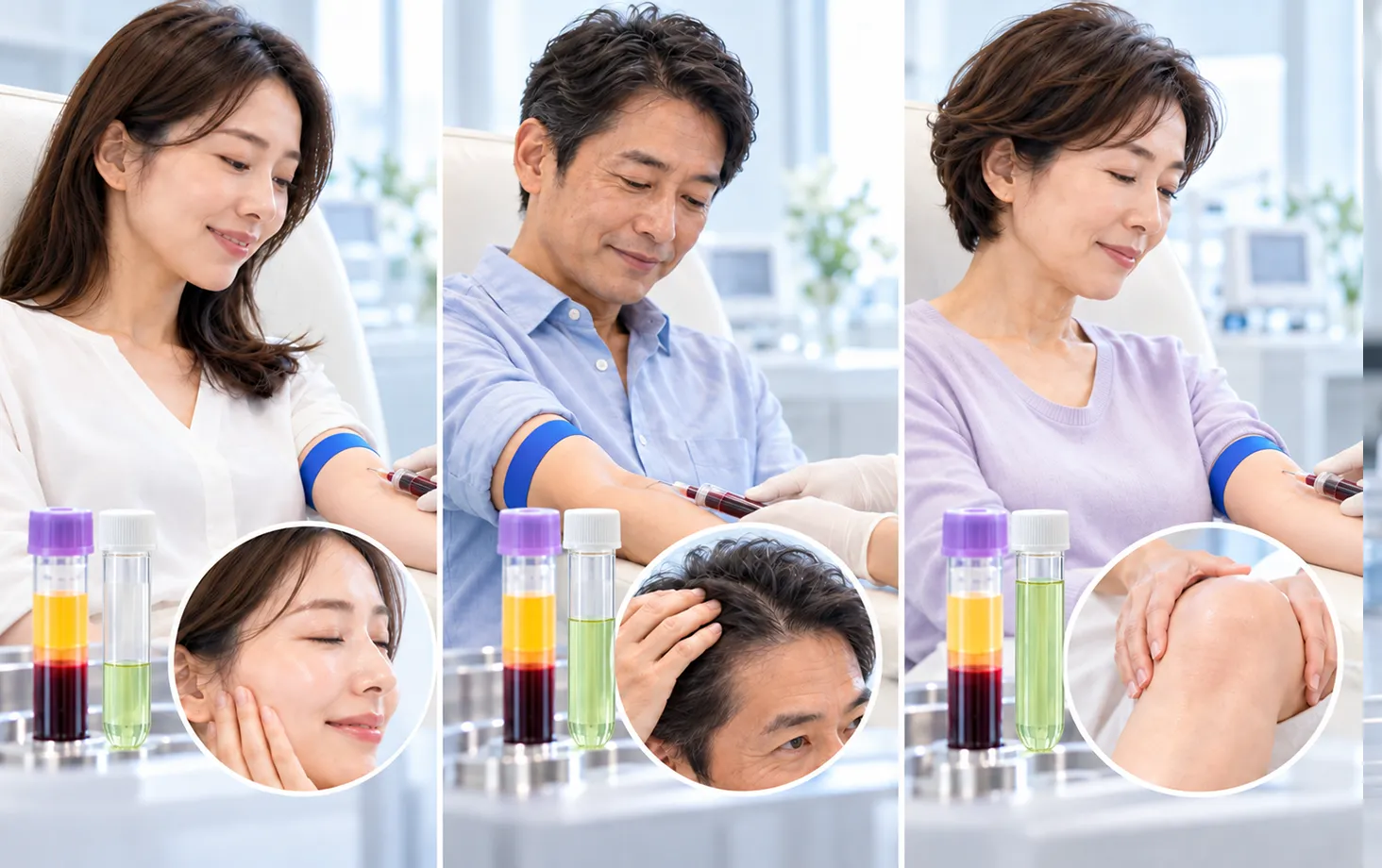 顔、頭皮、膝へ採血して治療する様子を並べた図