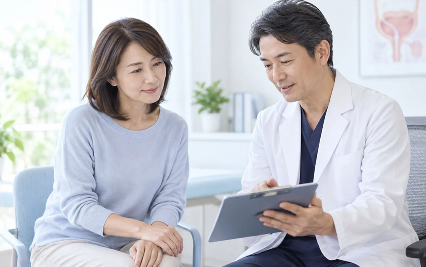 診察室で説明を受ける女性