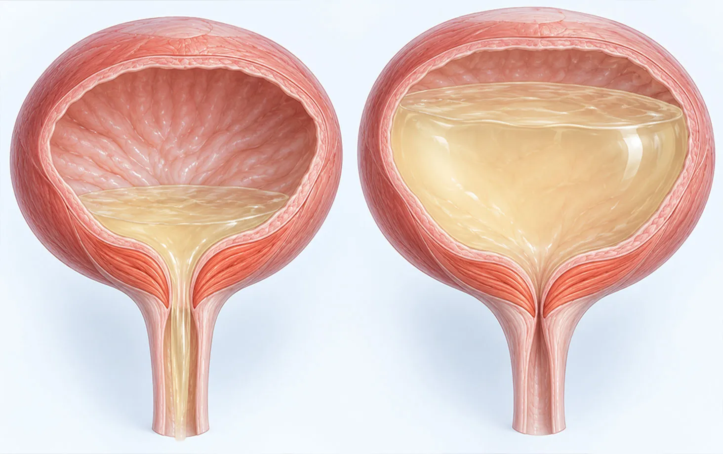 尿が少ない膀胱と、尿がたまった膀胱の断面