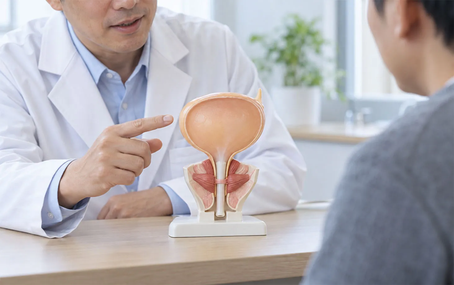 膀胱と尿道の模型を指さす医師