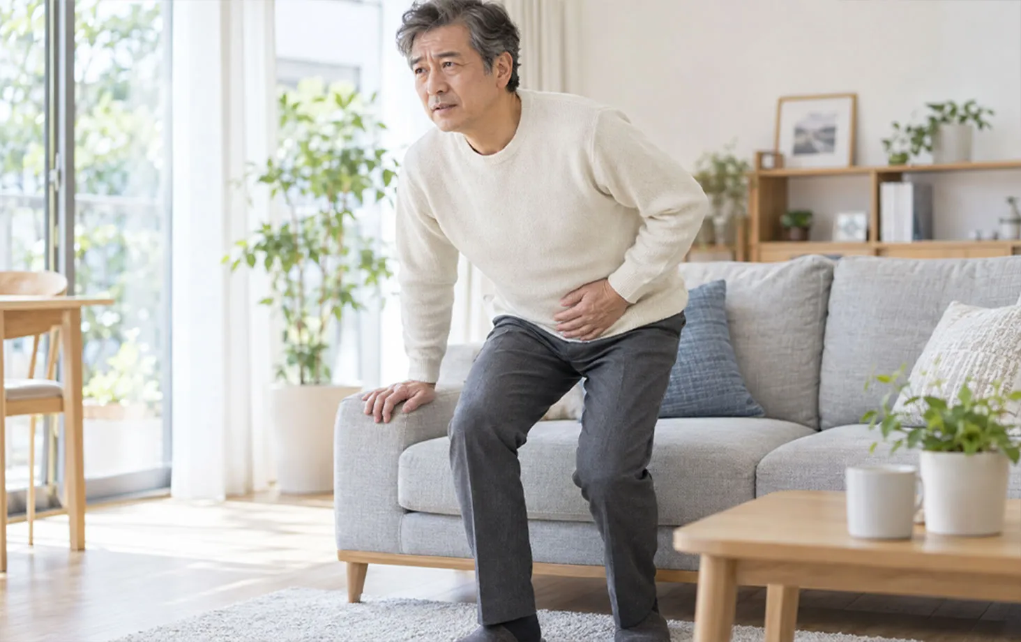 ソファから立ち上がるときに下腹部を押さえる男性