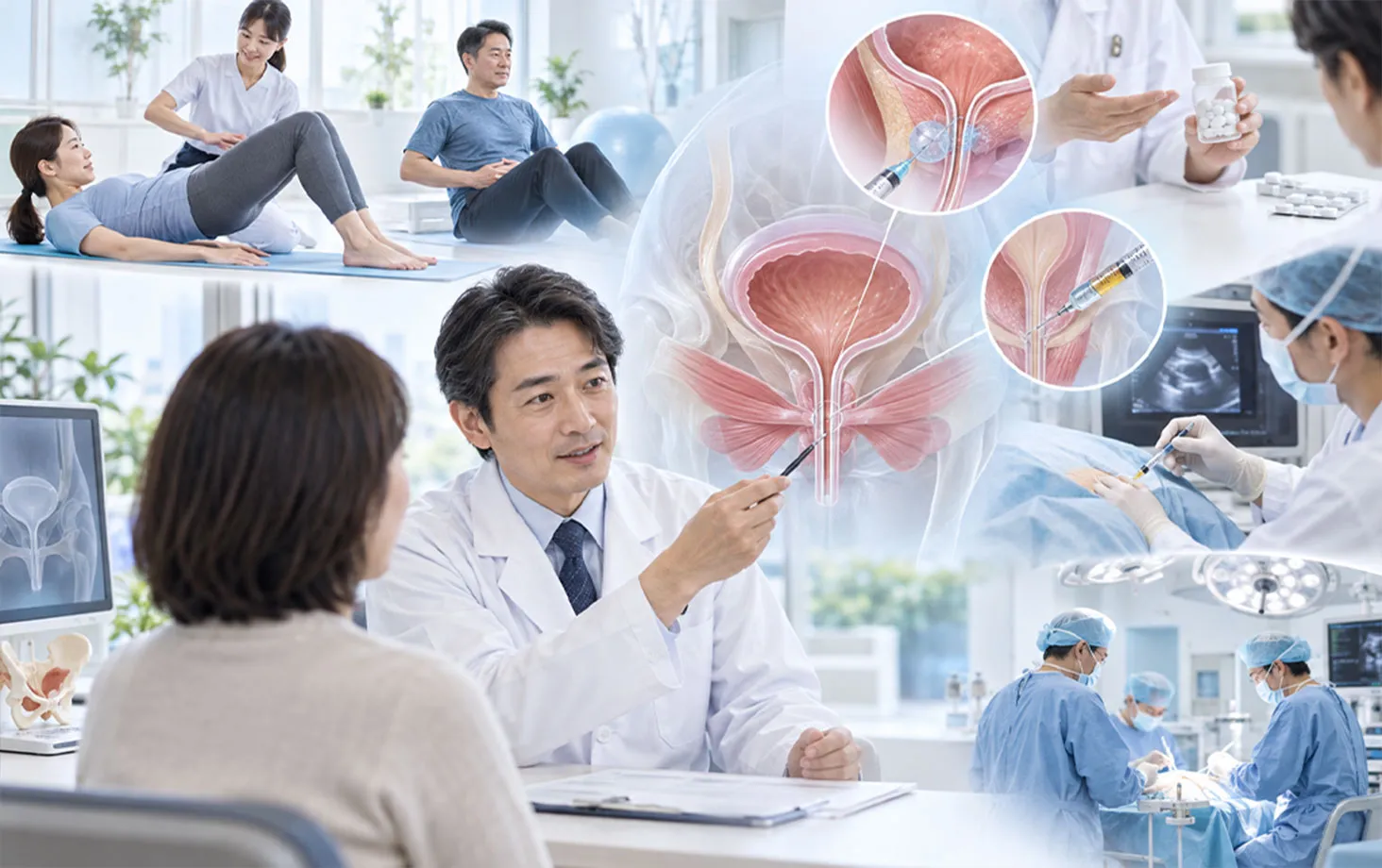 骨盤底の運動、薬、注射、手術を示すコラージュ